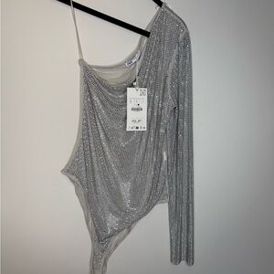 Zara Silver Sequin Asymmetrical Bodysuit